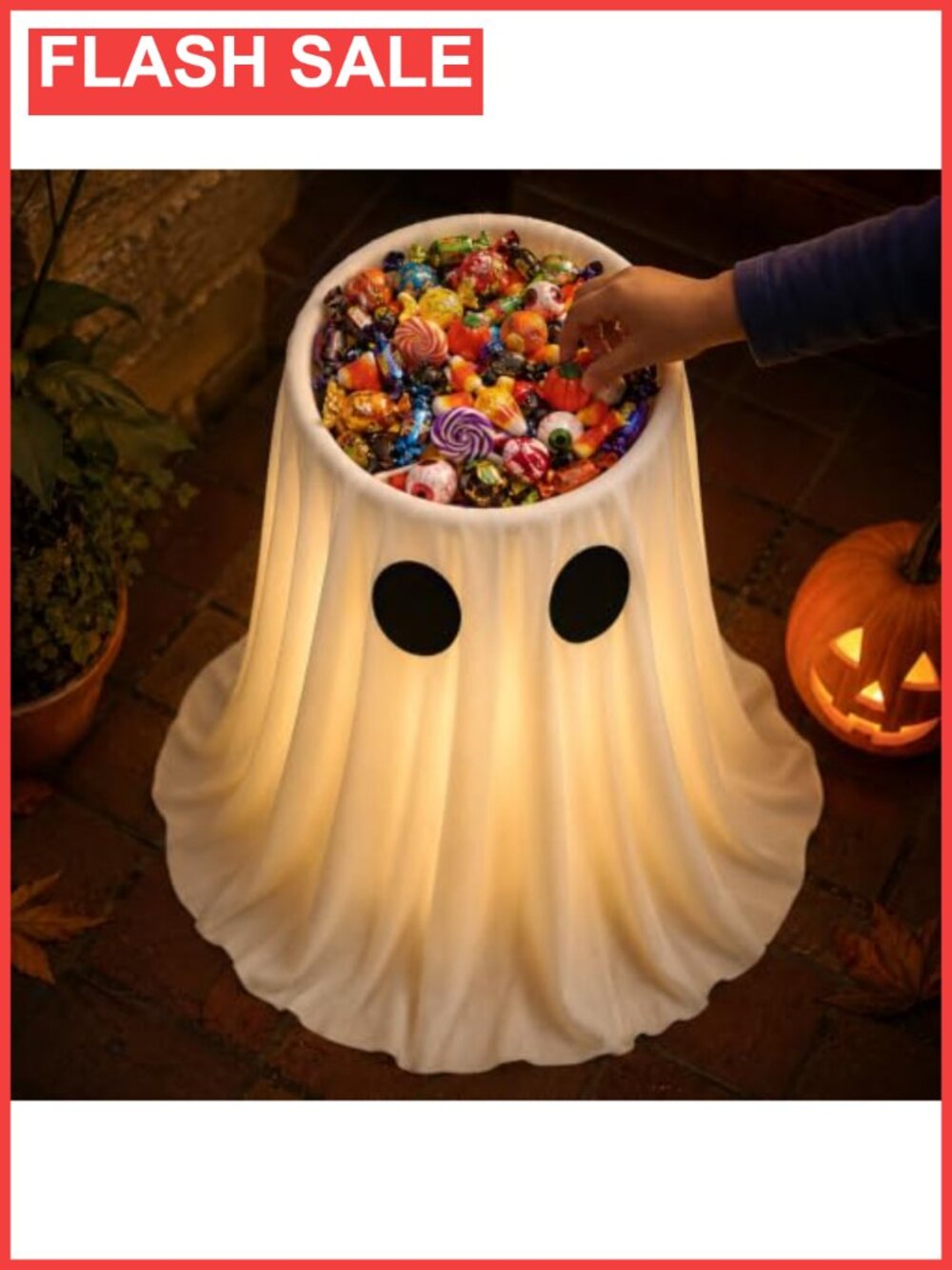 30in Lighted Ghost Candy Bowl Outdoor Halloween Decor w Timer Remote